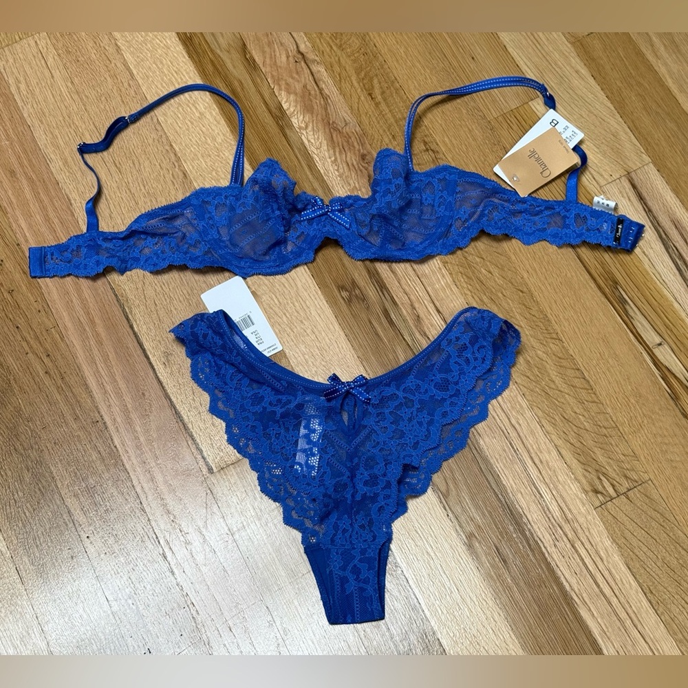 Chantelle Rive Gauche Lace Demi Bra & Panty Set Size 32B & Small Blue NWT